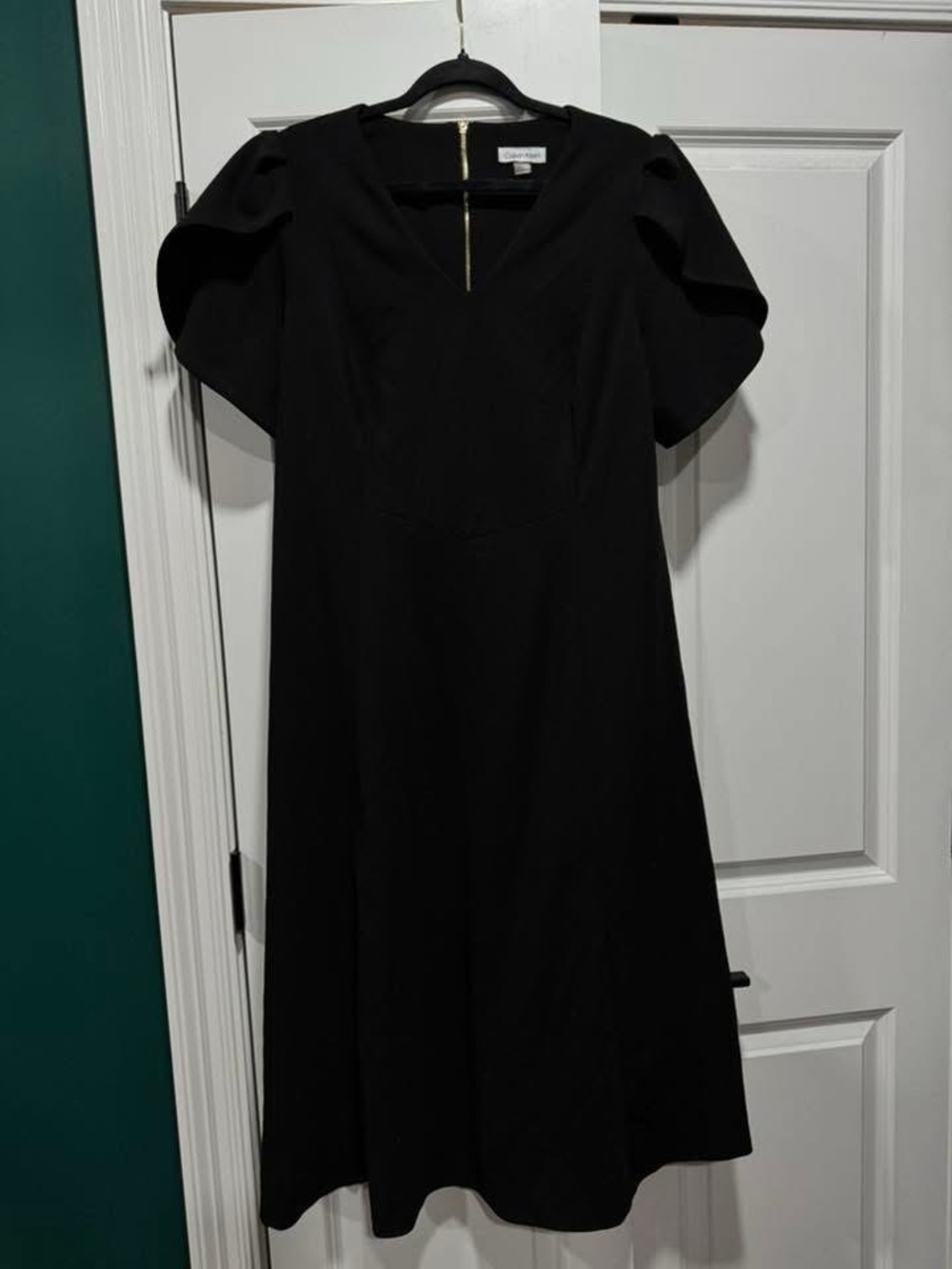 Calvin Klein Black Midi Dress with Puff Sleeves